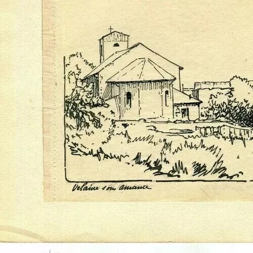Velaine-sous-Amance Church Landscape - Antique Ink Drawing signed - 4