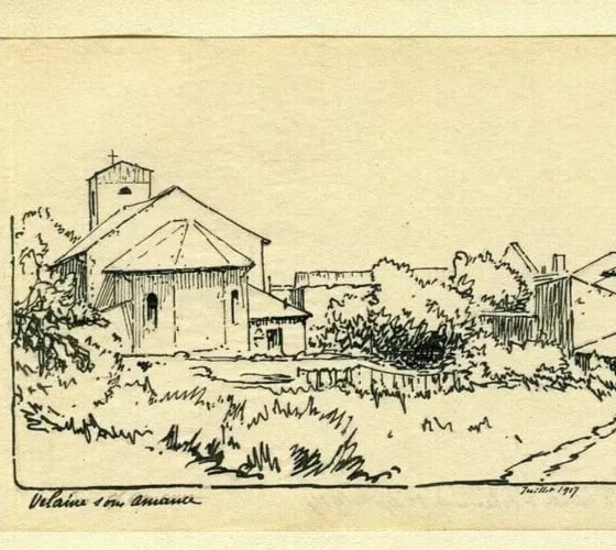 Velaine-sous-Amance Church Landscape - Antique Ink Drawing signed - 7