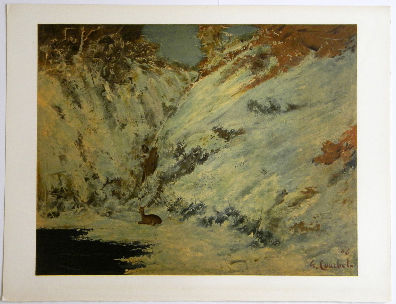 Gustave Courbet lithograph "Paysage de neige dans Le Jura": Title: Gustave Courbet lithograph "Paysage de neige dans Le Jura" Description: Medium: lithograph (after the 1866 Gustave Courbet painting). Printed in Paris on Arches paper at the Mourlot studio in