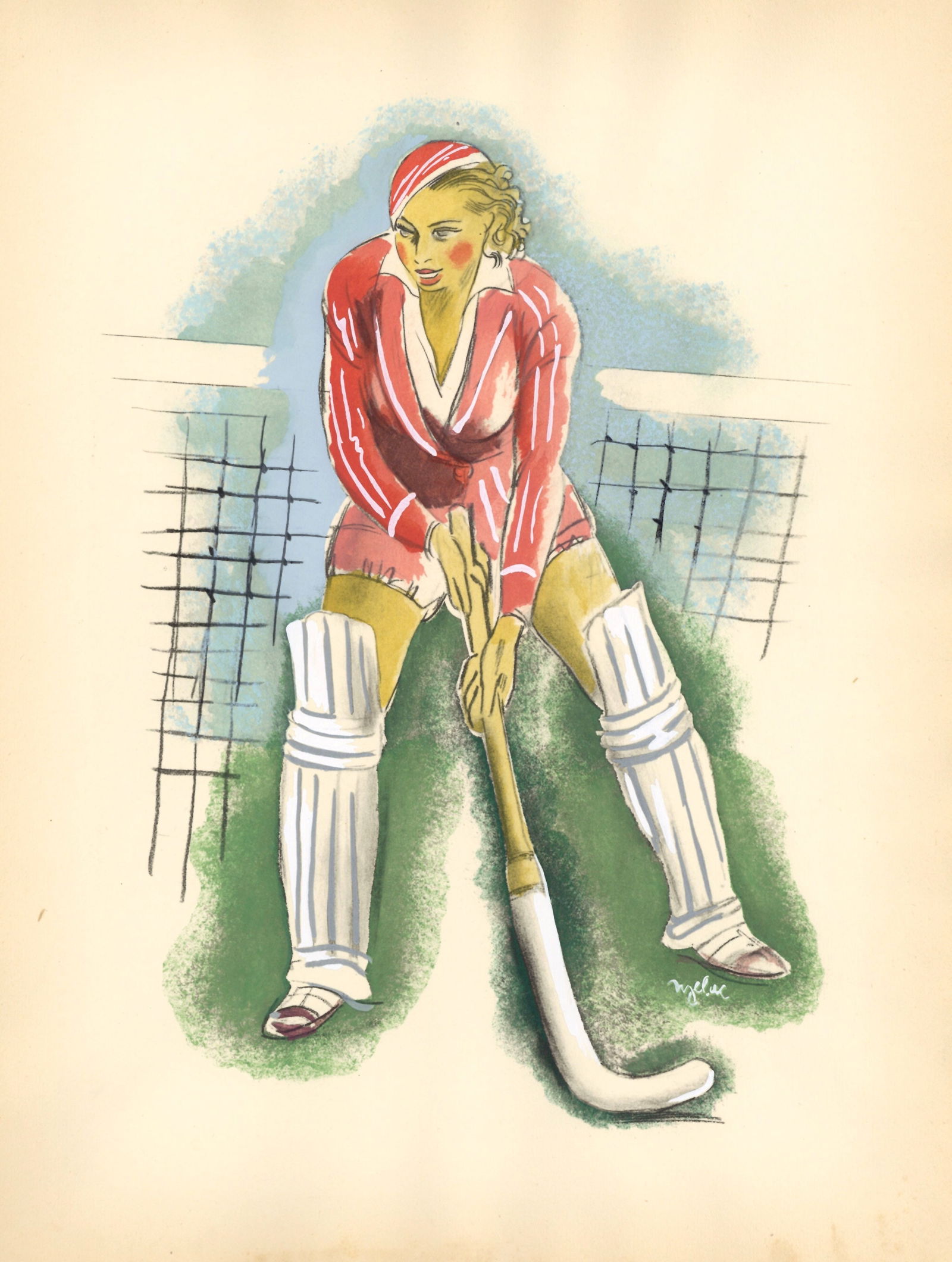 Milivoj Uzelac pochoir "Le Hockey" Les Joies du Sport: Title: Milivoj Uzelac pochoir "Le Hockey" Les Joies du Sport Description: Medium: pochoir. Printed in Paris in 1932 on Velin du Marais paper at the atelier of Daniel Jacomet for the Les Joies du