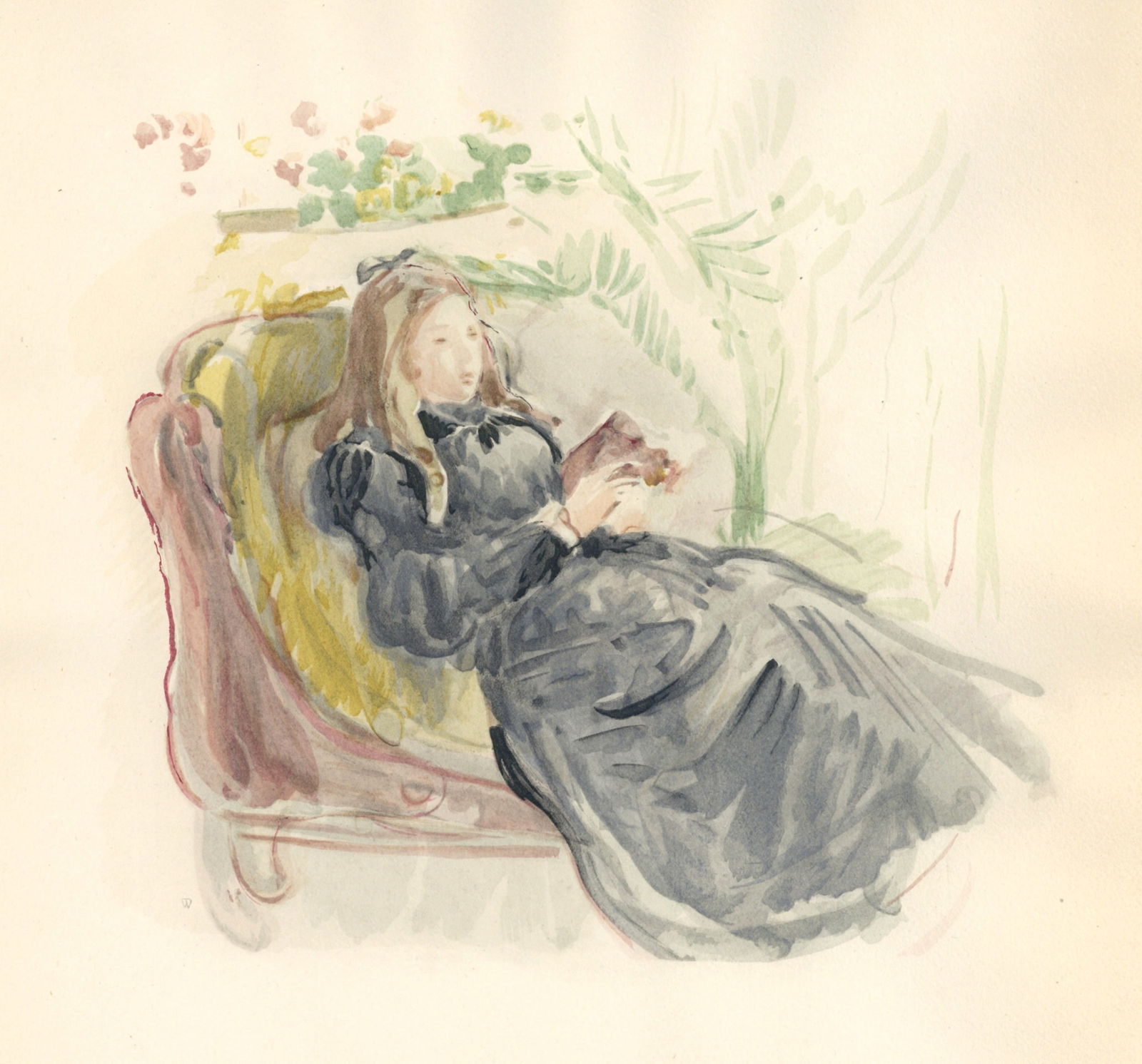 Berthe Morisot pochoir "Jeune femme sur le sofa": Title: Berthe Morisot pochoir "Jeune femme sur le sofa" Description: Medium: pochoir (after the 1871 watercolor). Printed 1946 in a limited edition of 300 for the rare "Berthe Morisot Seize