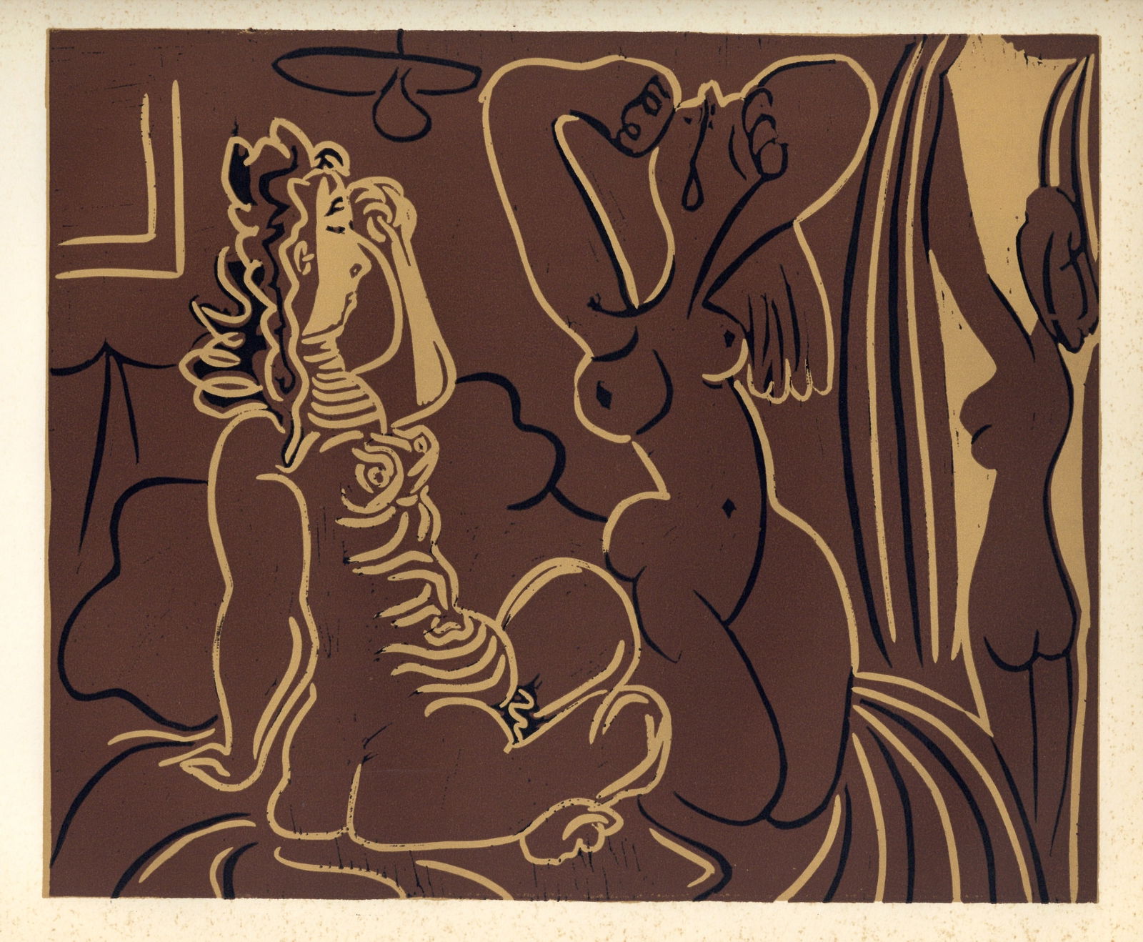 Pablo Picasso linocut "Three Women": Title: Pablo Picasso linocut "Three Women" Description: Medium: linocut re-creation (after the original Picasso linocut). Picasso started making linoleum cuts during the late 1950's and the originals