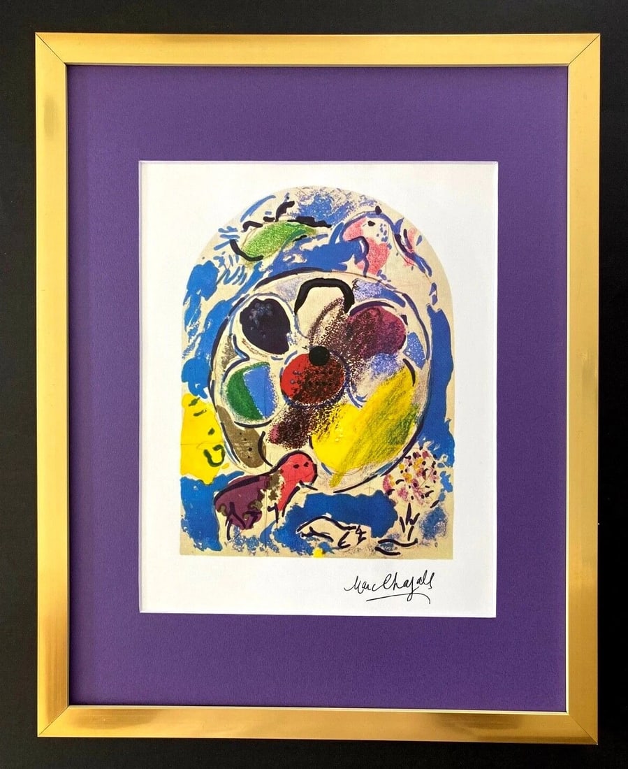 MARC CHAGALL +1967 BEAUTIFUL SIGNED WINDOW OF BENJAMIN PRINT MATTED 11X14: Title:MARC CHAGALL +1967 BEAUTIFUL SIGNED WINDOW OF BENJAMIN PRINT MATTED 11X14 Description:This is a Beautiful and Scarce 1967 Print after MARC CHAGALL FACSIMILE INK SIGNED " WINDOW OF BENJAMIN " Fro