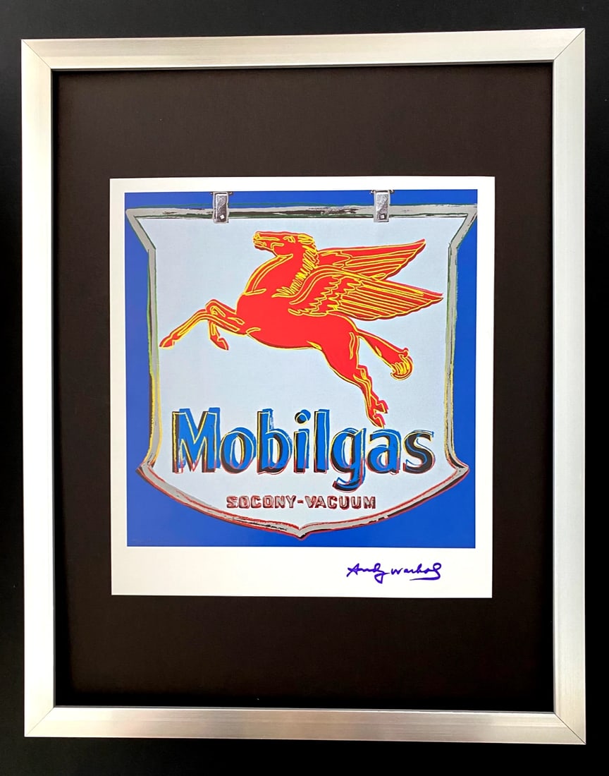 ANDY WARHOL + SIGNED 1980's MOBILGAS PRINT MOUNTED & FRAMED: Title:ANDY WARHOL + SIGNED 1980's MOBILGAS PRINT MOUNTED & FRAMED Description:This is a Stunning and Scarce 1980's Print After Andy Warhol " MOBILGAS " from His Pop Art Collection Facsimile Signed in