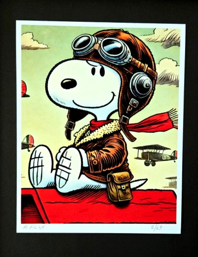 AIDAN FLUX | Hand Signed Original Print Framed Ltd. Ed. of 69 COA SNOOPY AVIATOR - 3