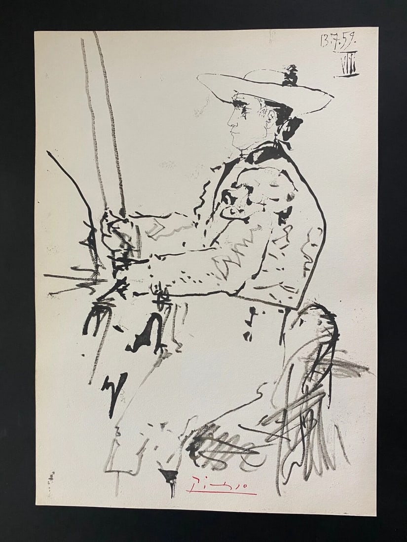 PABLO PICASSO + SIGNED SUPERB 1961 TOROS Y TOREROS PRINT: Title:PABLO PICASSO + SIGNED SUPERB 1961 TOROS Y TOREROS PRINT Description:This is a Beautiful and Scarce 1961 Print PABLO PICASSO "Picador VIII" ARTWORK SIZE: 14 1/2 X 10 1/2 in. FACSIMILE SIGNED IN
