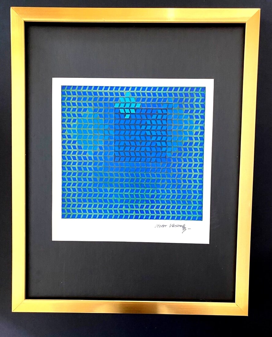 VICTOR VASARELY + SIGNED GEOMETRIC ABSTRACT PRINT FROM 1970 + WITH NEW FRAME: Title:VICTOR VASARELY + SIGNED GEOMETRIC ABSTRACT PRINT FROM 1970 + WITH NEW FRAMEDescription:We have for Sale this AWESOME 1970's PRINT AFTER VICTOR VASARELY FACSIMILE SIGNED IN INK SIZE OF THE