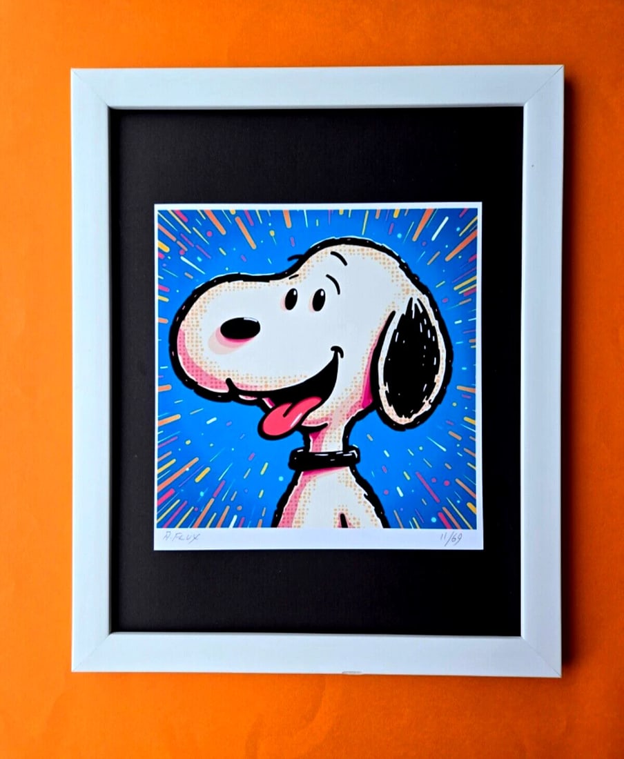 AIDAN FLUX | Hand Signed Original Print Framed LtdED of 69 COA SNOOPY IS HAPPY: Title:AIDAN FLUX | Hand Signed Original Print Framed LtdED of 69 COA SNOOPY IS HAPPYDescription:This is a Stunning and Scarce 100% Authentic New Print by Aidan Flux AIDAN Flux represents a new wave