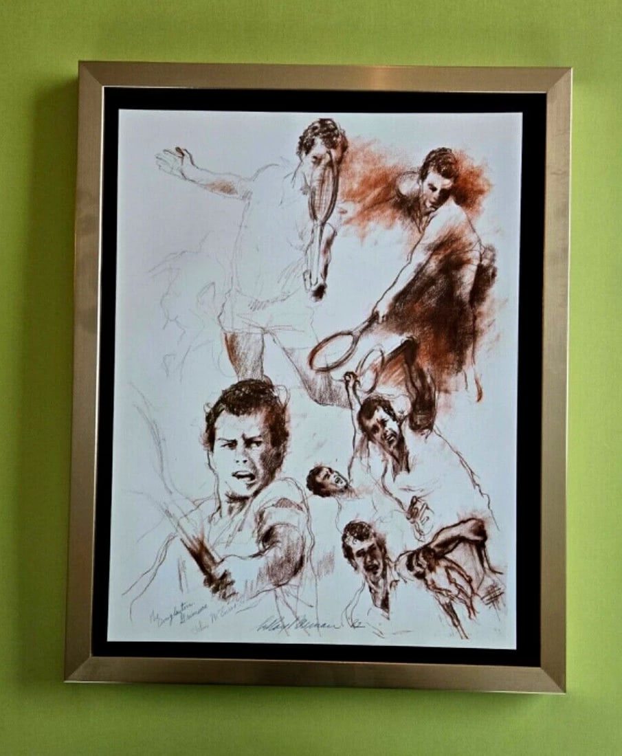 LEROY NEIMAN + TENNIS "JOHN MCENROE" 1980'S PLATE SIGNED PRINT FRAMED: Title:LEROY NEIMAN + TENNIS "JOHN MCENROE" 1980'S PLATE SIGNED PRINT FRAMED Description:We have for Sale this LEROY NEIMAN AWESOME VINTAGE 1980'S PRINT SIGNED ON THE PLATE NEW FRAME COVERS AN AREA OF
