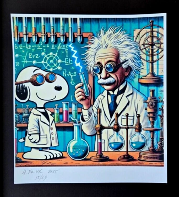 AIDAN FLUX | Hand Signed Print Framed LtdEd of 69 COA| SNOOPY AND EINSTEIN - 2