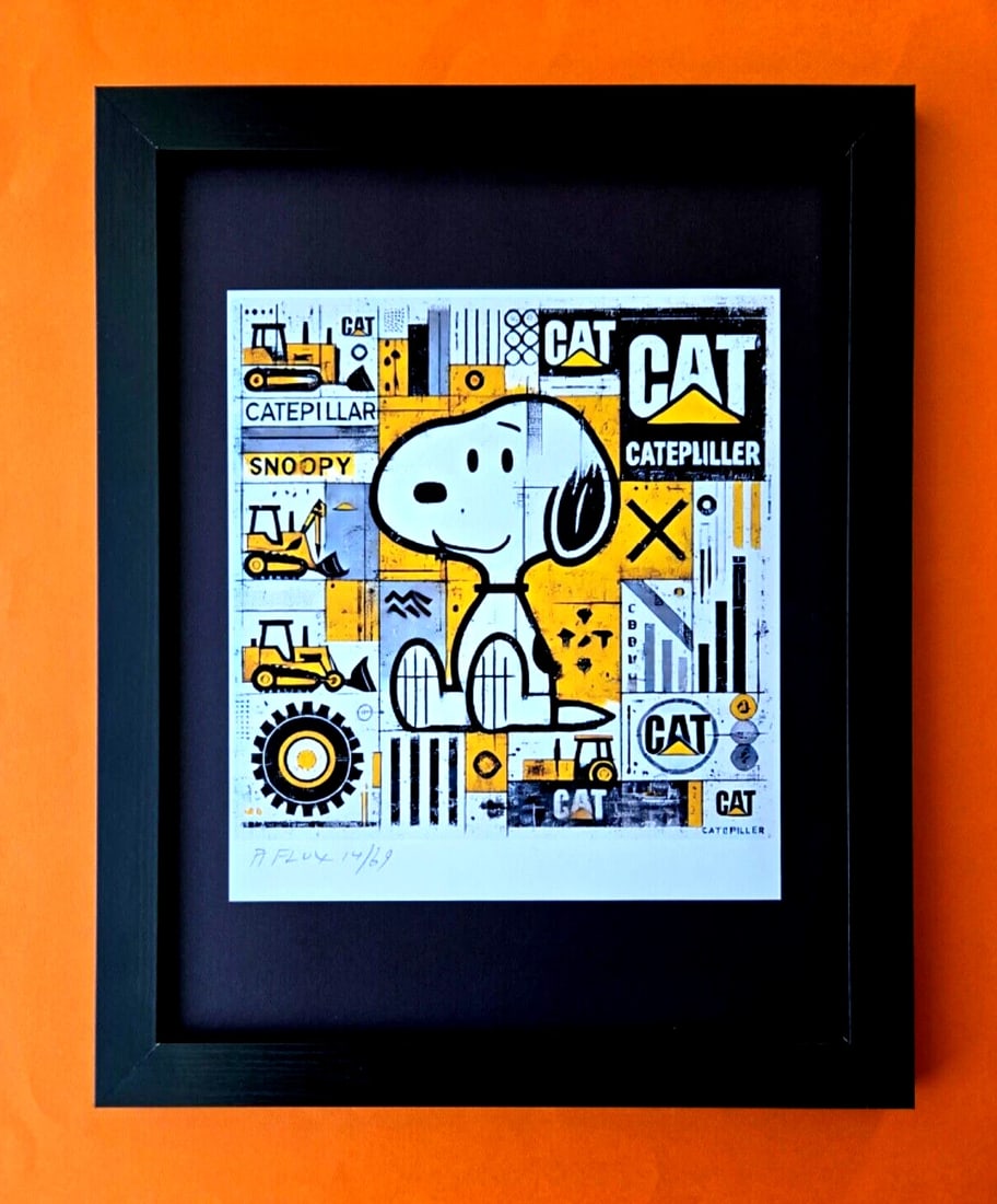 AIDAN FLUX | Hand Signed Print Framed LtdEd of 69 COA| SNOOPY LIKES CATERPILLAR: Title:AIDAN FLUX | Hand Signed Print Framed LtdEd of 69 COA| SNOOPY LIKES CATERPILLAR Description:This is a Stunning and Scarce 100% Authentic New Print by Aidan Flux AIDAN Flux represents a new wave