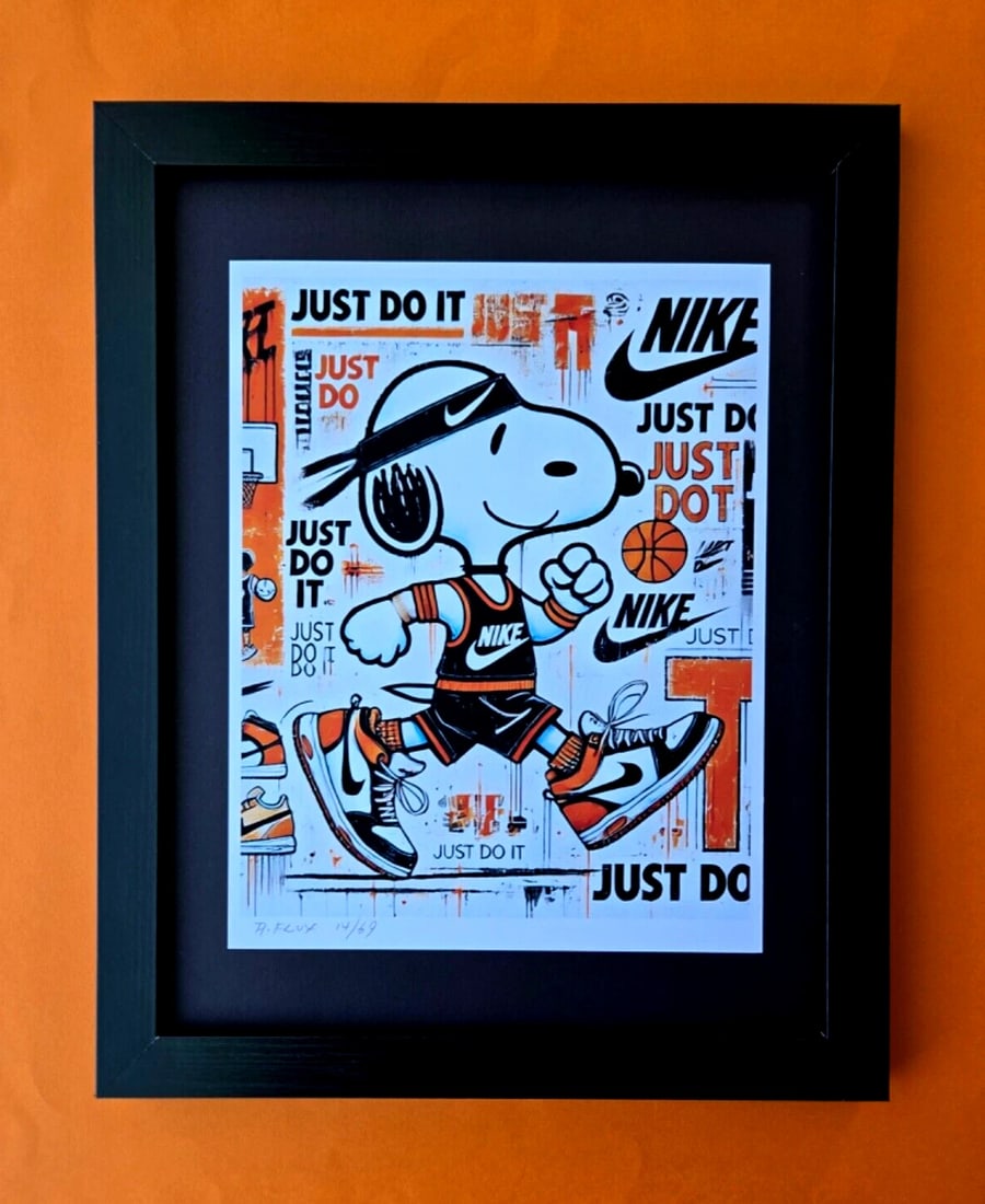 AIDAN FLUX | Hand Signed Print Framed LtdEd of 69 COA| SNOOPY WEARING NIKE: Title:AIDAN FLUX | Hand Signed Print Framed LtdEd of 69 COA| SNOOPY WEARING NIKEDescription:This is a Stunning and Scarce 100% Authentic New Print by Aidan Flux AIDAN Flux represents a new wave of