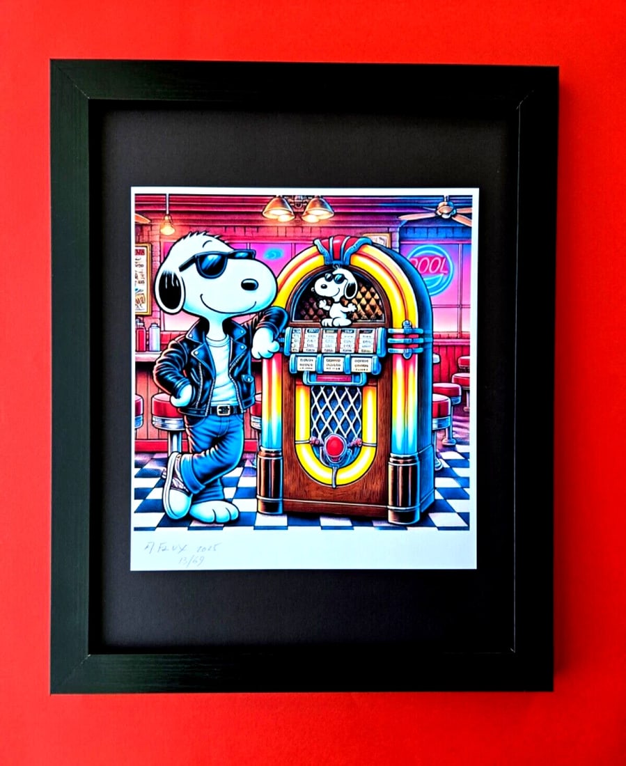 AIDAN FLUX | Hand Signed Print Framed LtdEd of 69 COA| SNOOPY JUKEBOX HEROE: Title:AIDAN FLUX | Hand Signed Print Framed LtdEd of 69 COA| SNOOPY JUKEBOX HEROEDescription:This is a Stunning and Scarce 100% Authentic New Print by Aidan Flux AIDAN Flux represents a new wave of