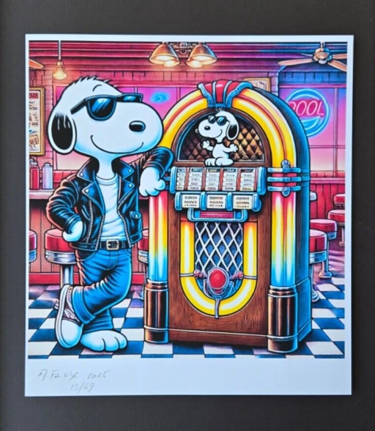AIDAN FLUX | Hand Signed Print Framed LtdEd of 69 COA| SNOOPY JUKEBOX HEROE - 2