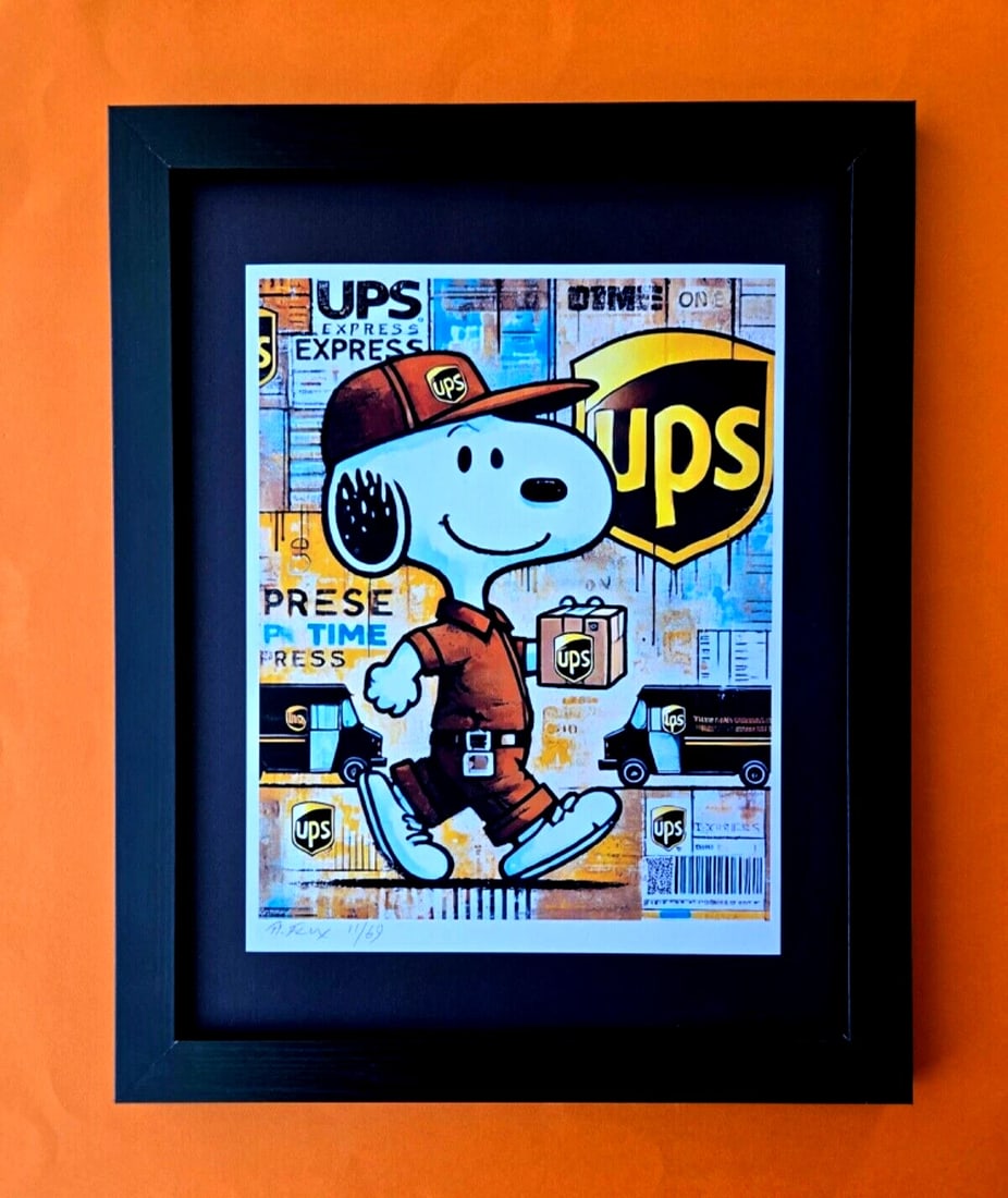 AIDAN FLUX | Hand Signed Print Framed LtdEd of 69 COA| SNOOPY DELIVERING MY UPS: Title:AIDAN FLUX | Hand Signed Print Framed LtdEd of 69 COA| SNOOPY DELIVERING MY UPSDescription:This is a Stunning and Scarce 100% Authentic New Print by Aidan Flux AIDAN Flux represents a new wave