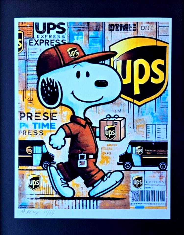AIDAN FLUX | Hand Signed Print Framed LtdEd of 69 COA| SNOOPY DELIVERING MY UPS - 2
