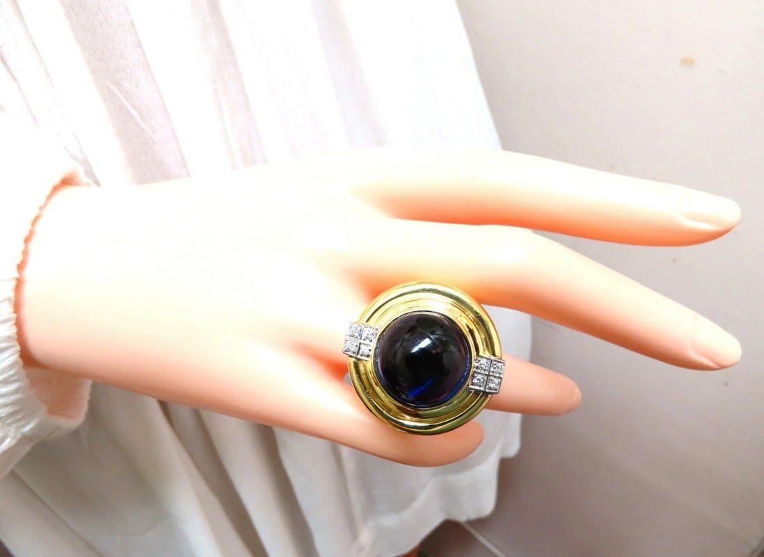 GIA Certified 35ct Synth Sapphire diamonds ring vivid blue 18 Karat Retro Redux - 8