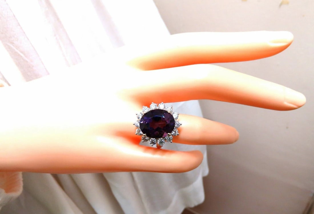 10ct Natural Vivid Purple Amethyst Diamonds Halo Cluster Cocktail Ring 14 Karat - 6
