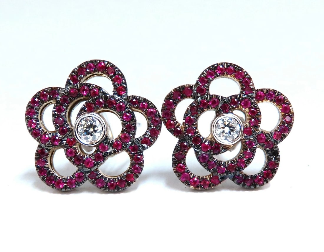 1.58ct Natural Ruby Diamonds Cluster Clip Earrings 14 Karat Gold Flower** - 2