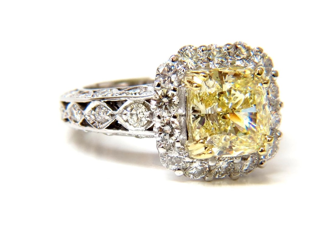 GIA 5.52CT CUSHION NATURAL FANCY YELLOW DIAMOND CLUSTER HALO RING VVS1+ - 5