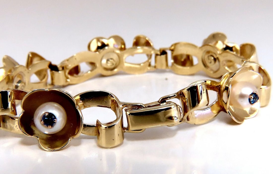.50ct Natural Sapphires within Pearls Vintage Clover Bracelet 14 Karat Vintage** - 6
