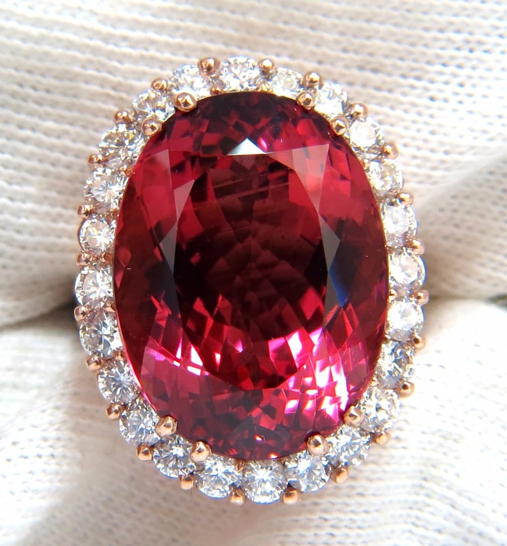 GIA Certified 24.13ct natural red tourmaline 3.00ct diamonds ring 18kt + - 3