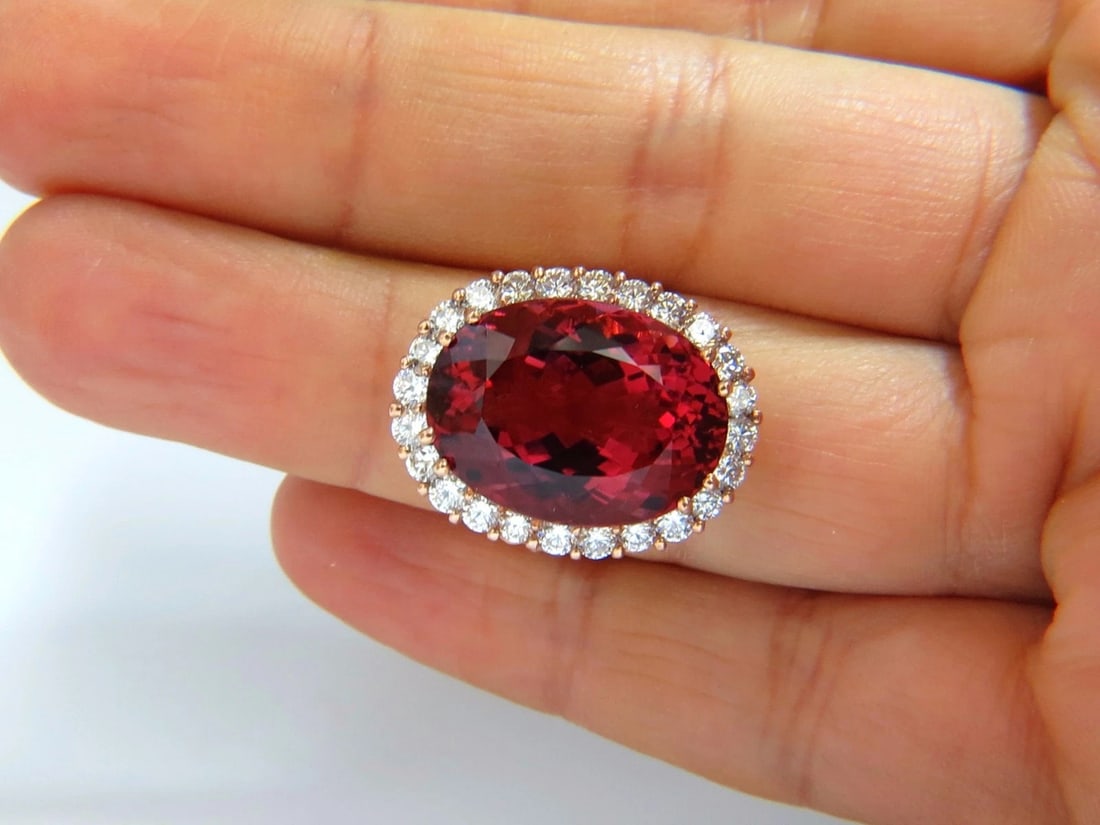 GIA Certified 24.13ct natural red tourmaline 3.00ct diamonds ring 18kt + - 4