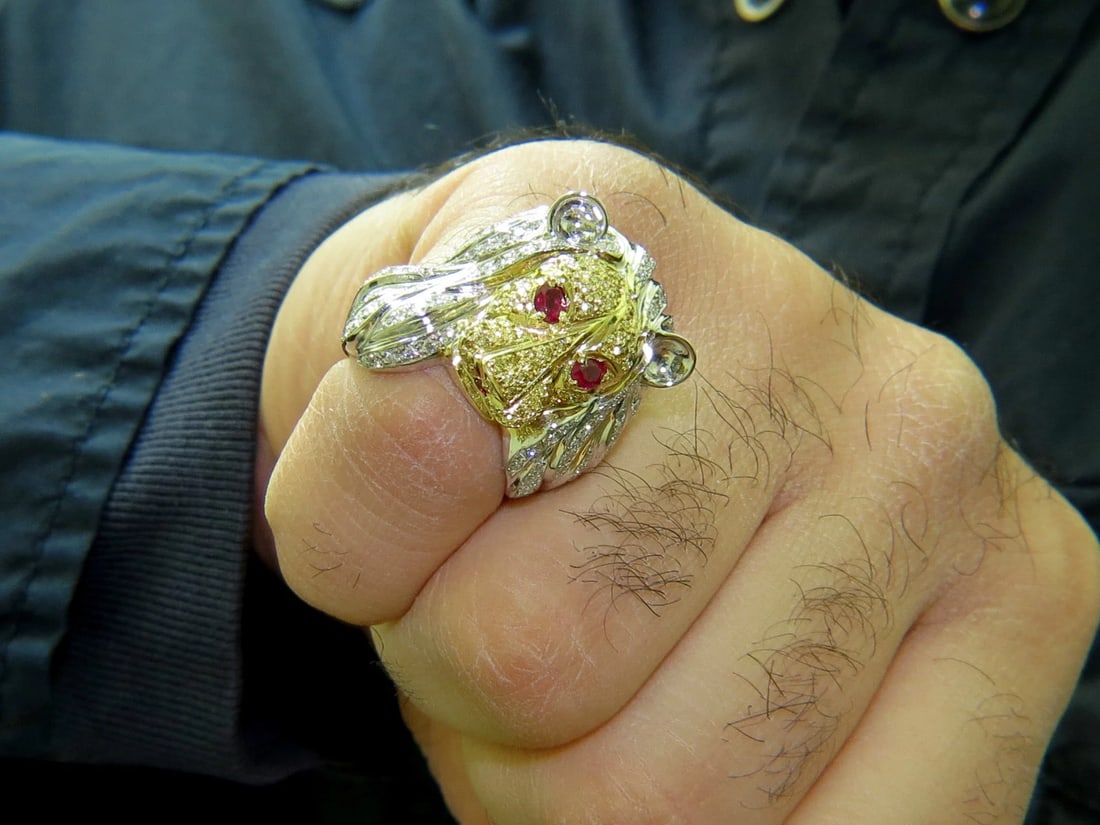 18KT ITALY UNISEX HUGE 3.40CT DIAMONDS RUBY LIONESS RING 18KT+ - 12