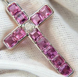 18KT GIA 10.41CT NATURAL PINK SAPPHIRE DIAMOND CROSS PENDANT NECKLACE **: Title: 18KT GIA 10.41CT NATURAL PINK SAPPHIRE DIAMOND CROSS PENDANT NECKLACE ** Description: ONLY MAGNIFICENT JEWELS . Prime Cross GIA 1.01ct. Cushion Cut Diamond Report# 5141777173