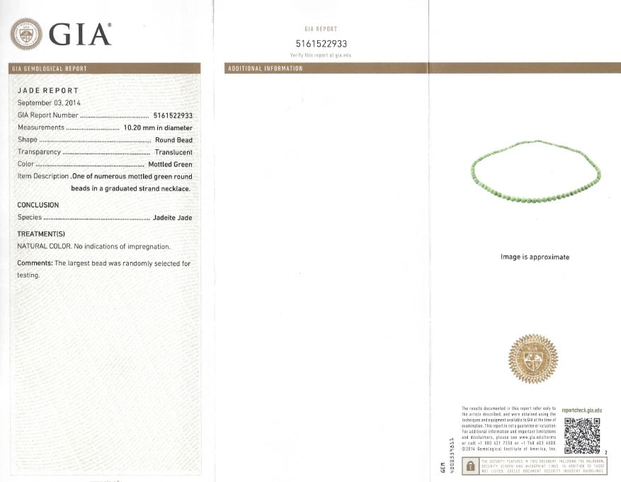 290ct GIA Certified 10.20mm NATURAL GREEN JADE BEAD NECKLACE** - 10
