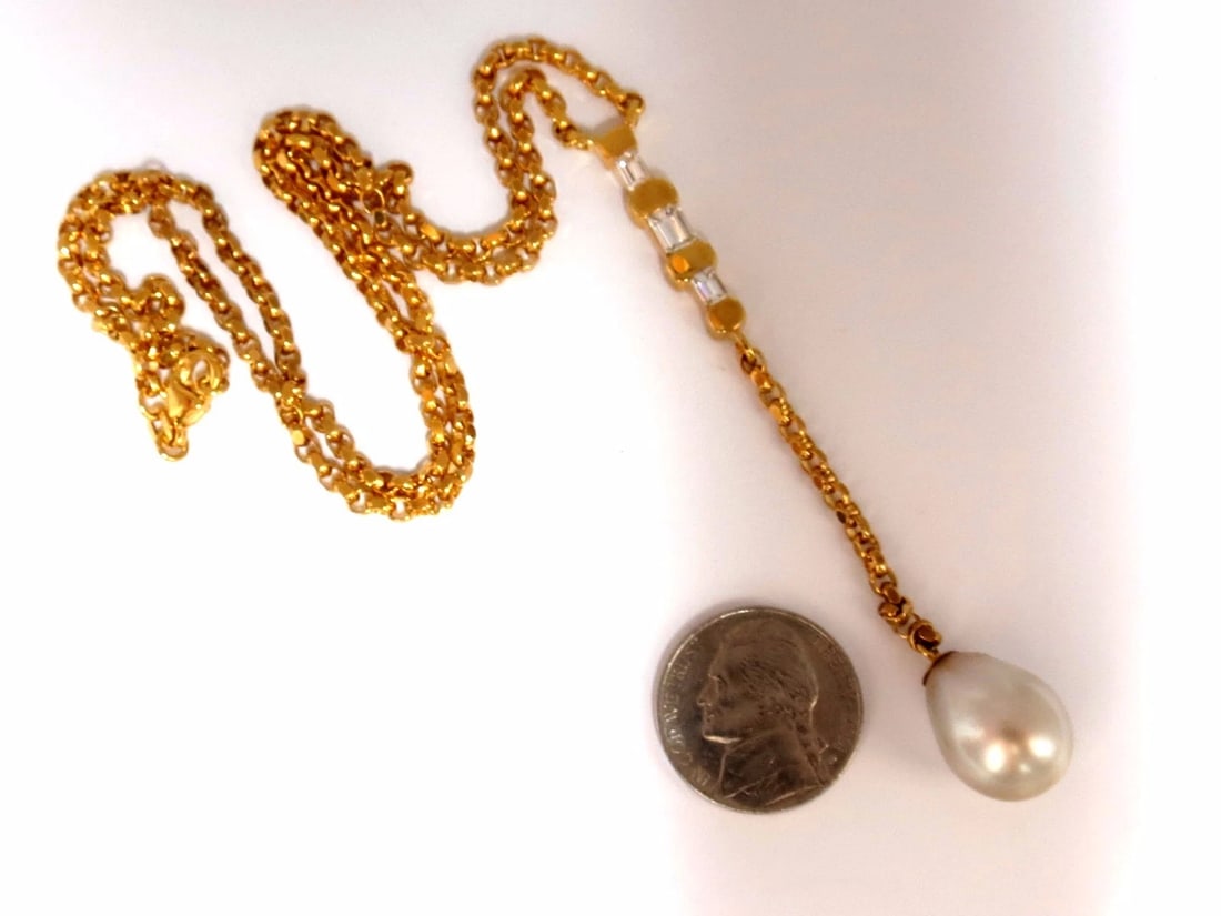 15.5mm natural south sea pearl 1.01ct emerald cut diamonds necklace drop bolo** - 4