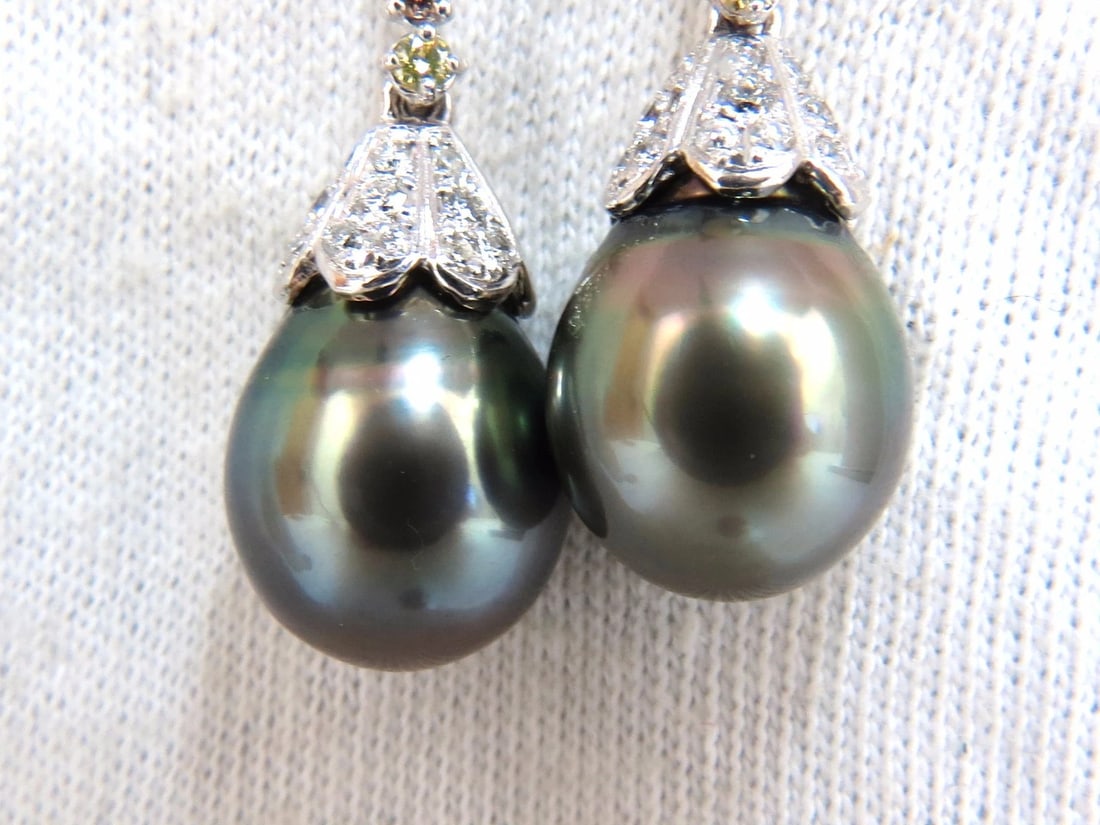12.70mm NATURAL TAHITIAN PEARLS DANGLE COLOR DIAMOND EARRINGS 14KT** - 4