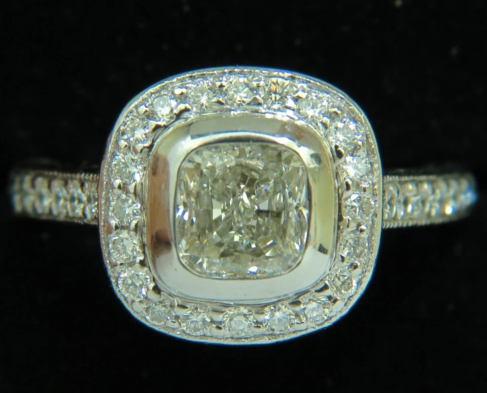 GIA 2.63CT HALO CUSHION CUT DIAMOND RING PLATINUM I/VS1+: Title: GIA 2.63CT HALO CUSHION CUT DIAMOND RING PLATINUM I/VS1+ Description: ONLY MAGNIFICENT JEWELS The Classic Set 1.23Ct. GIA certified Cushion Cut diamond I-color, Vs-1 clarity Please see report