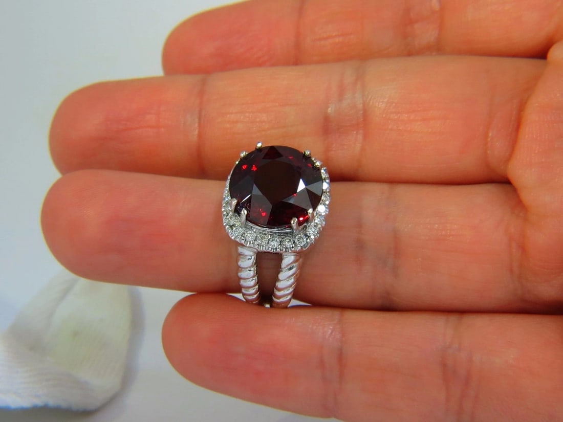 13.12CT NATURAL SPESSARTITE GARNET DIAMONDS RING VIVID RED 14KT ROPE TWIST+ - 6