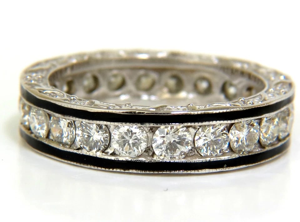 2.26CT NATURAL DIAMONDS ETERNITY BAND 14KT & BLACK ENAMEL 14KT**: Title: 2.26CT NATURAL DIAMONDS ETERNITY BAND 14KT & BLACK ENAMEL 14KT** Description: ONLY MAGNIFICENT JEWELS Modern Deco + Vintage Deco touch Ring is set with rounds diamonds & black enamel on outer,