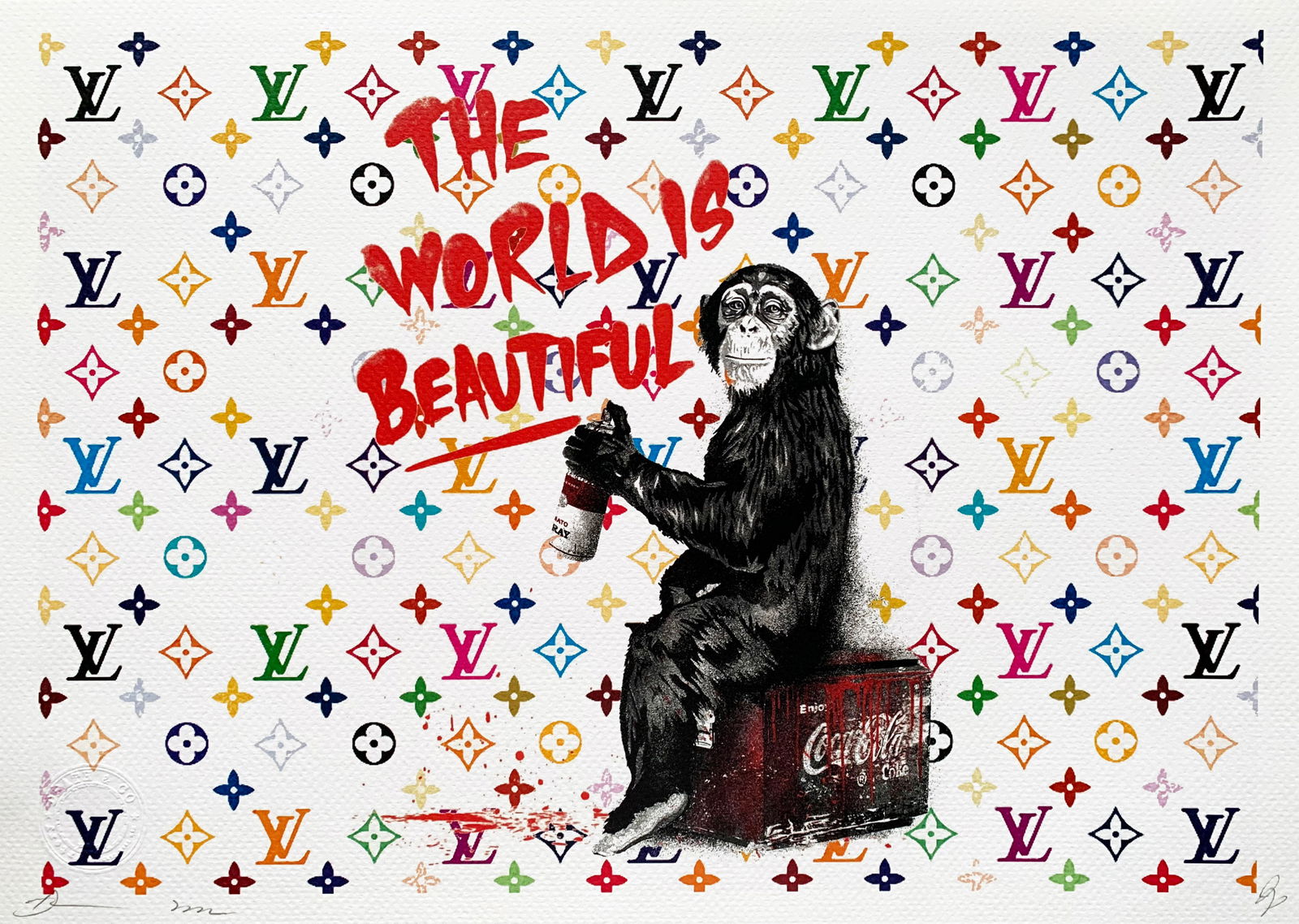 Death NYC Banksy The World is Beautiful Louis Vuitton: Title: Death NYC Banksy The World is Beautiful Louis VuittonDate/Period:21st CenturyMaterials: Giclee on Fine art 300 gsm paperSize:17 3/4 x 12 1/2 inchesDescription:Artist: Death NYC, limited