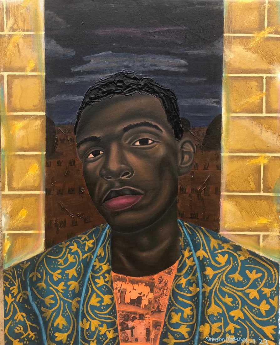 Samson Olatubosun, Boy in Wonderland 2 - 21st Century, Contemporary, Figurative, Mixed Media, Men,: Creator: Samson Olatubosun (2000, Nigerian) Creation Year: 2023 Dimensions: Height: 30 in (76.2 cm)Width: 24 in (60.96 cm)Depth: 1 in (2.54 cm) Medium: Canvas,Mixed Media,Oil,Acrylic,Photographic