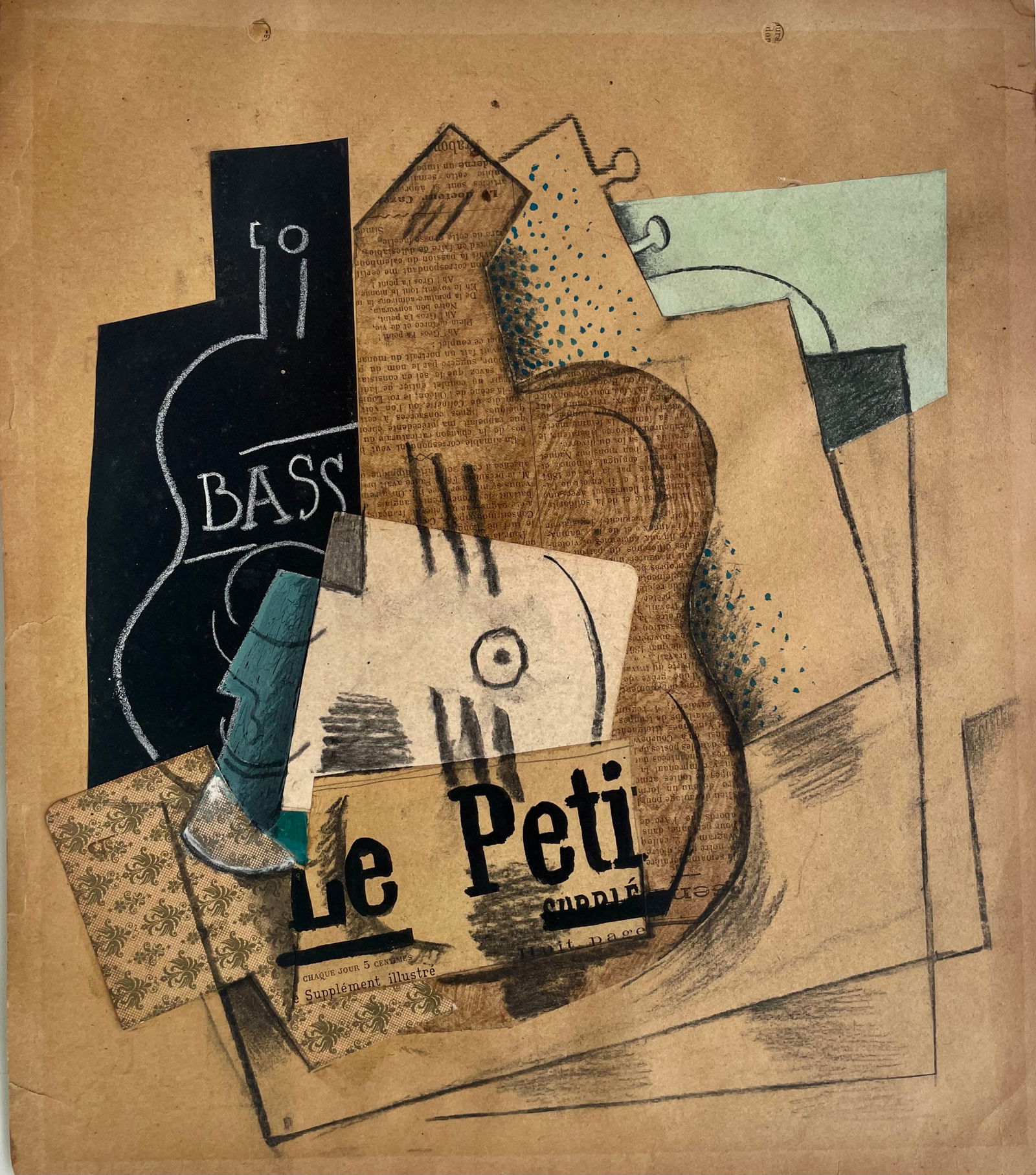 CUBIST-COMPOSITION. PICASSO/BRAQUE Manner of.: Title: CUBIST-COMPOSITION. PICASSO/BRAQUE Manner of.Description:Original Mixed media on period paper, in the manner of Braque/Picasso/Gris. Cubist composition with Bottle, guitar and news paper. No