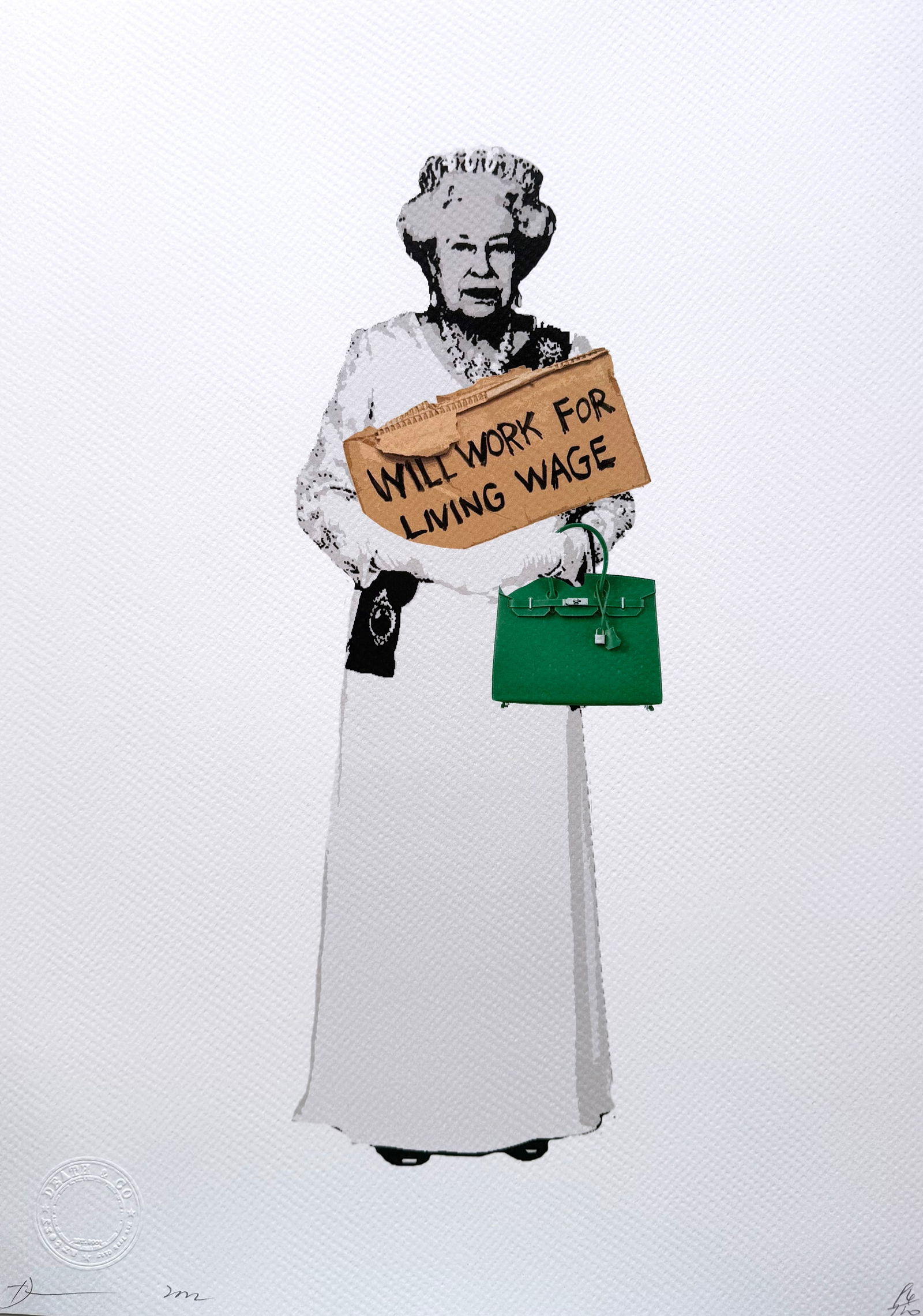 Death NYC Queen Birkin: Title: Death NYC Queen BirkinDate/Period:21st CenturyMaterials: Giclee on Fine art 300 gsm paperSize:17 3/4 x 12 1/2 inchesDescription:Artist: Death NYC, limited edition giclee on paper, out of