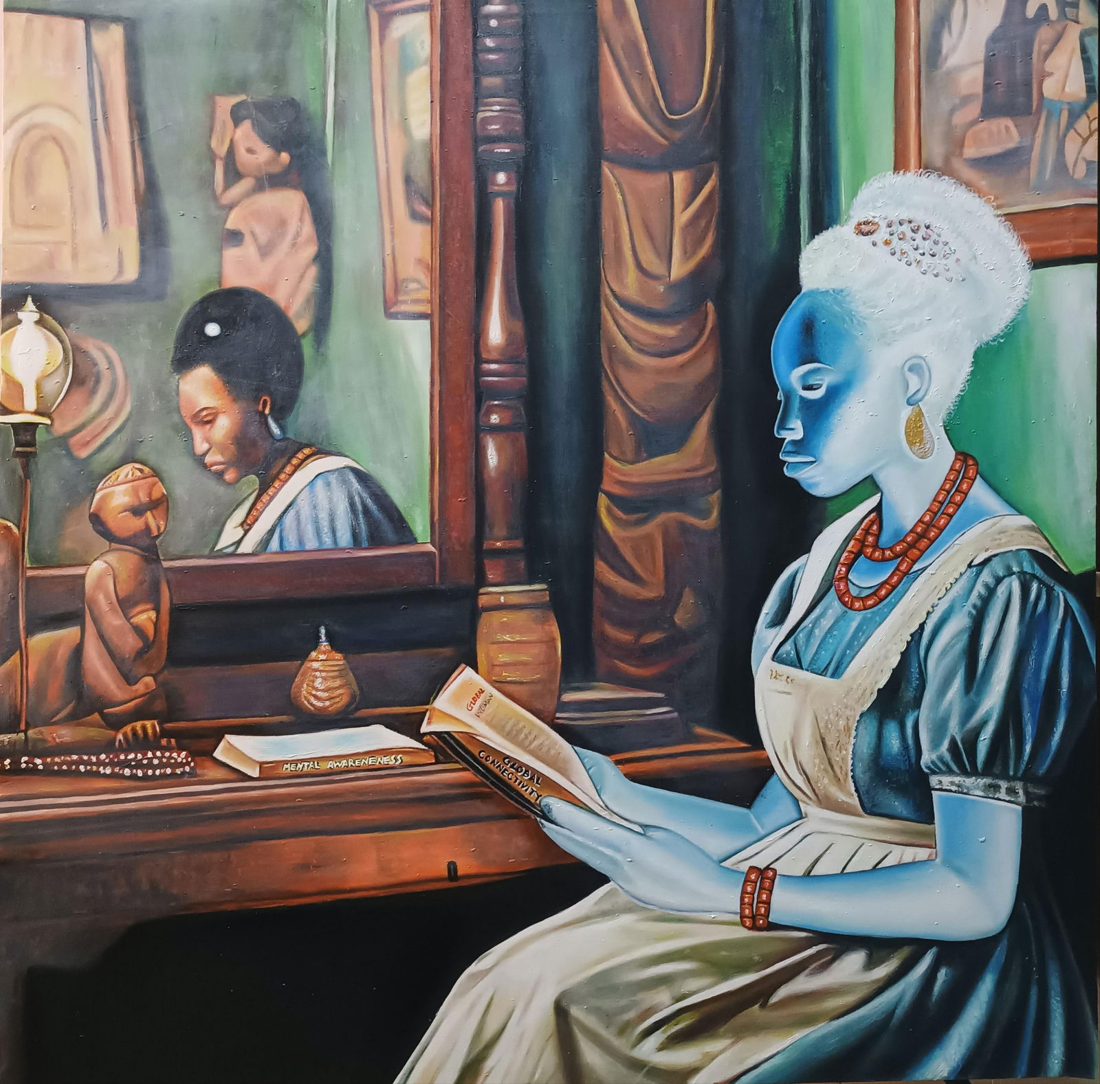 Mayowa Adekile, Soul of Lady ?m??pe - 21st Century, Contemporary, Figurative, Modern Art, Women,: Creator: Mayowa Adekile (1993, Nigerian) Creation Year: 2024 Dimensions: Height: 36 in (91.44 cm)Width: 36 in (91.44 cm)Depth: 1 in (2.54 cm) Medium: Canvas,Oil,Acrylic Movement & Style: 