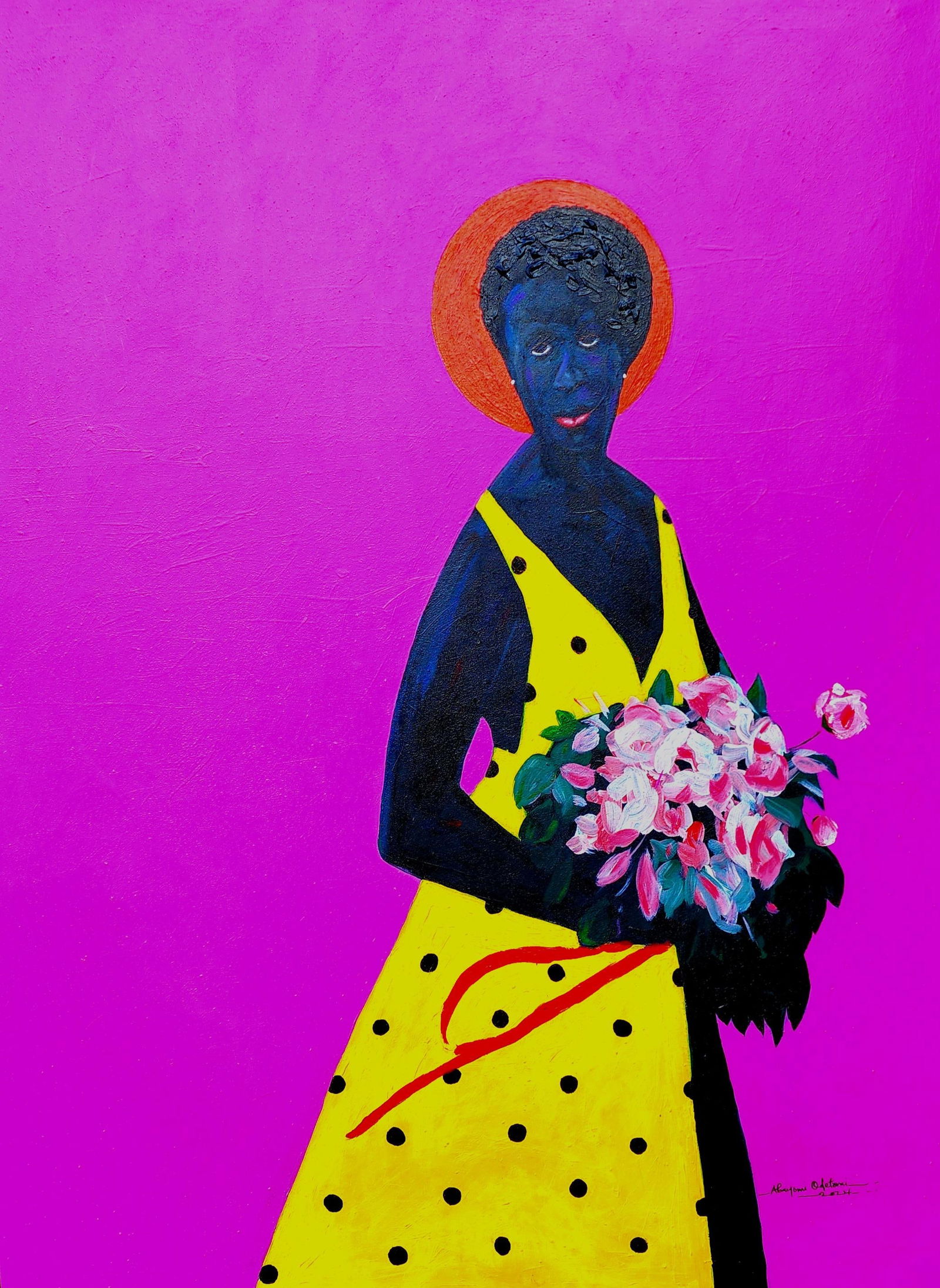Abayomi Odetomi, Viva - 21st Century, Contemporary, Figurative, Portrait of a Woman with Flowers,: Creator: Abayomi Odetomi (1988, Nigerian) Creation Year: 2024 Dimensions: Height: 51.2 in (130.05 cm)Width: 39 in (99.06 cm)Depth: 1 in (2.54 cm) Medium: Canvas,Acrylic Movement & Style: 