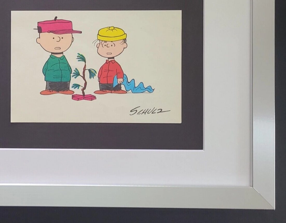 CHARLES SCHULZ + Signed Christmas 1968 Peanuts SNOOPY Cartoon + New Frame - 2