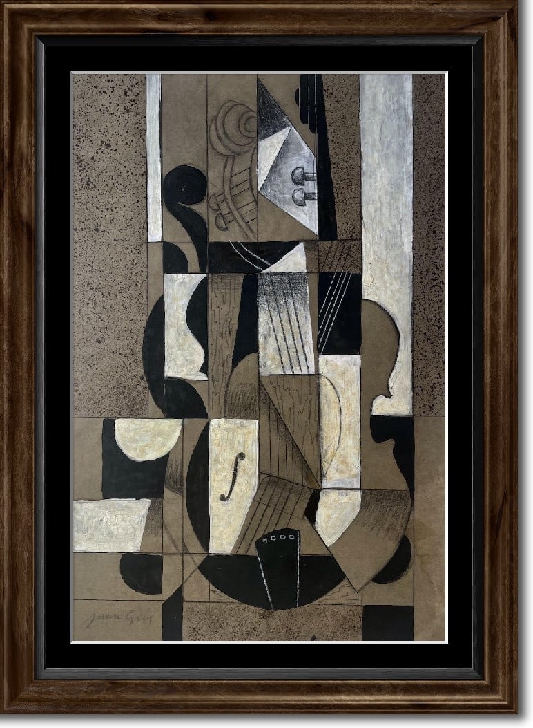 In the Manner of Juan GRIS 1887-1927 5Public Domain.: Title: In the Manner of Juan GRIS 1887-1927 5Public Domain.Description:Cubist composition with a violin. very beautiful disposition of black an white areas and drawing lines on brown paper. signed