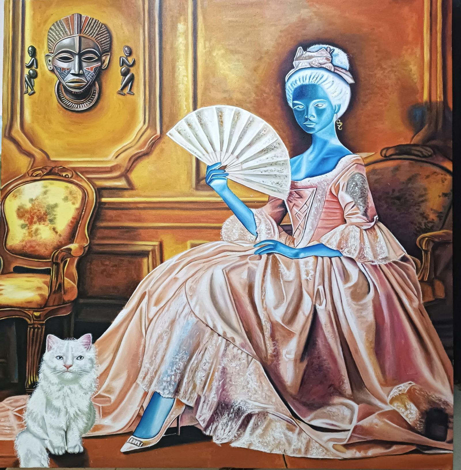 Mayowa Adekile, Soul of Lady Jane - 21st Century, Contemporary, Figurative, African, Women, Cat,: Creator: Mayowa Adekile (1993, Nigerian) Creation Year: 2024 Dimensions: Height: 44 in (111.76 cm)Width: 40 in (101.6 cm)Depth: 1 in (2.54 cm) Medium: Canvas,Oil,Acrylic Movement & Style: Contemporary