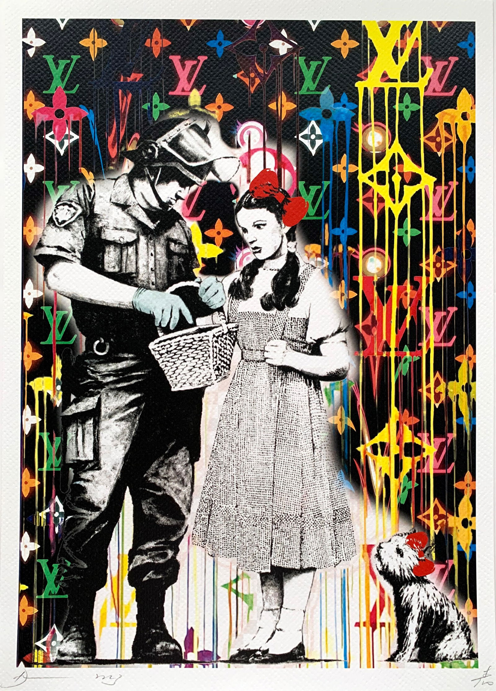 Death NYC Banksy Girl with a Basket Louis Vuitton: Title: Death NYC Banksy Girl with a Basket Louis VuittonDate/Period:21st CenturyMaterials: Giclee on Fine art 300 gsm paperSize:17 3/4 x 12 1/2 inchesDescription:Artist: Death NYC, limited edition