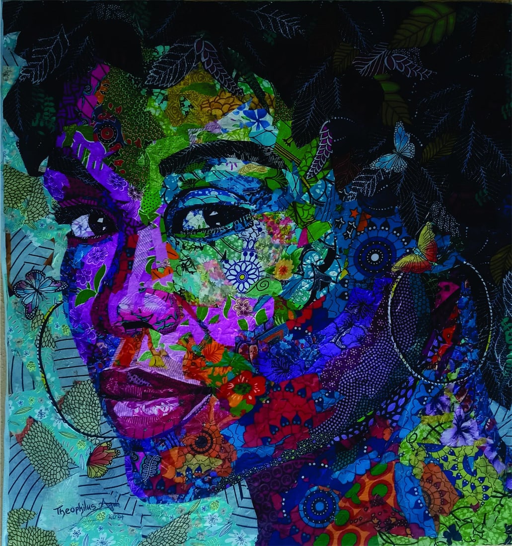 Agwunwa Theophilus, Blossom of Beauty -21st Century, Contemporary, Figurative Portrait, Africa: Creator: Agwunwa Theophilus (1990, Nigerian) Creation Year: 2024 Dimensions: Height: 34 in (86.36 cm)Width: 32 in (81.28 cm)Depth: 1 in (2.54 cm) Medium: Fabric,Canvas Movement & Style: 