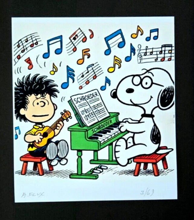 AIDAN FLUX | Hand Signed Original Print Framed LtdED of 69 COA SNOOPY MUSICIAN - 3