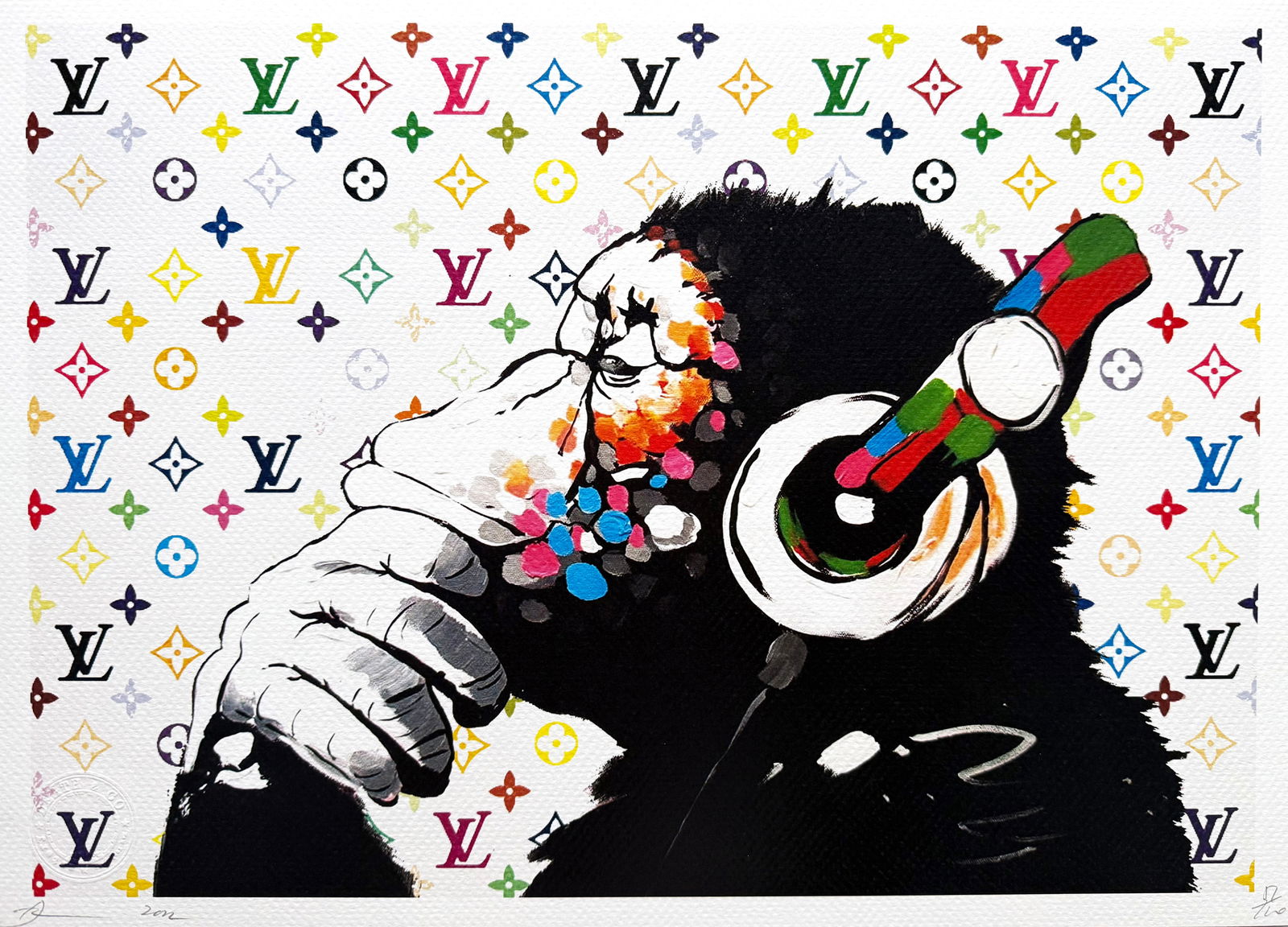 Death NYC Banksy Gorilla Louis Vuitton: Title: Death NYC Banksy Gorilla Louis VuittonDate/Period:21st CenturyMaterials: Giclee on Fine art 300 gsm paperSize:17 3/4 x 12 1/2 inchesDescription:Artist: Death NYC, limited edition giclee on