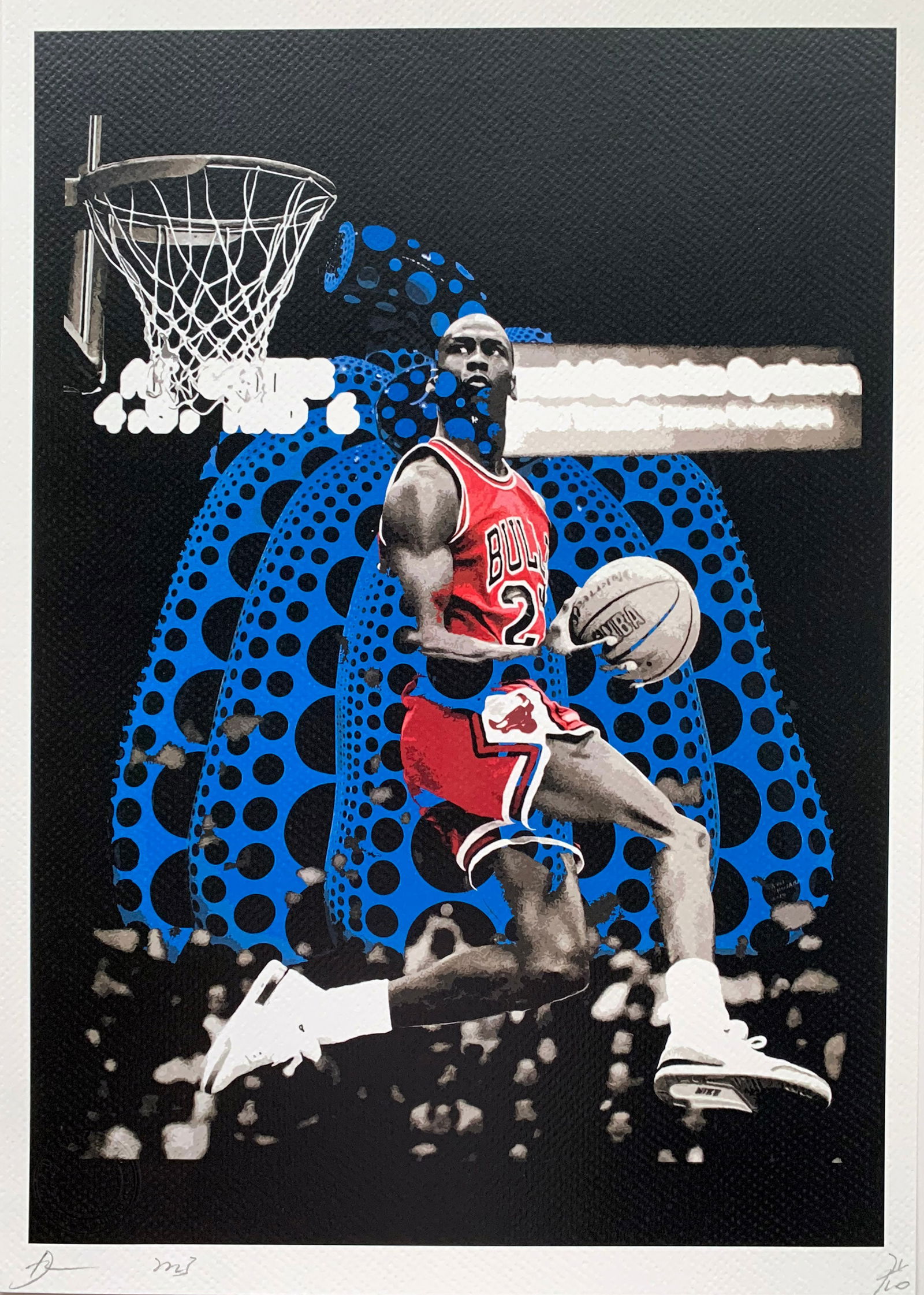 Death NYC Michael Jordan Kusama: Title: Death NYC Michael Jordan KusamaDate/Period:21st CenturyMaterials: Giclee on Fine art 300 gsm paperSize:17 3/4 x 12 1/2 inchesDescription:Artist: Death NYC, limited edition giclee on paper, out