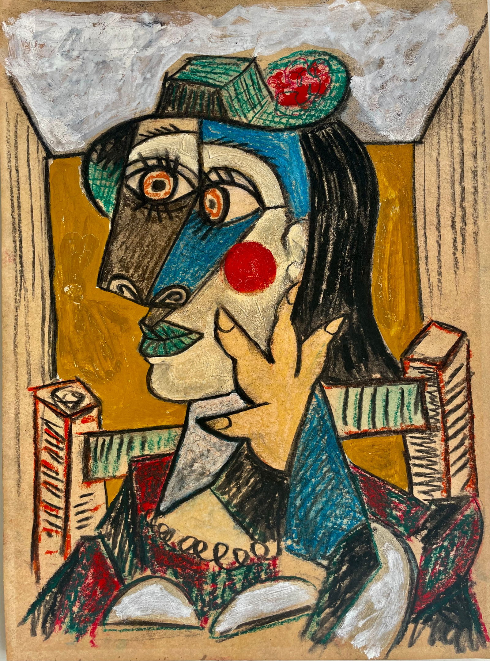 PICASSO-LIKE: Title: In the Manner of PICASSO-LIKEDescription:Cubist study portrait of a lady sitting on a chair, with a hat on, and a hand on her cheek. Not signed. Associated to Picasso style. Very strong